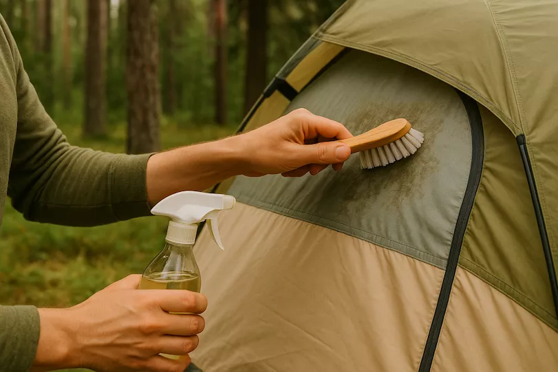 En person skrubbar försiktigt ett tält med en borste doppad i vinägerlösning, omgiven av skog och natur